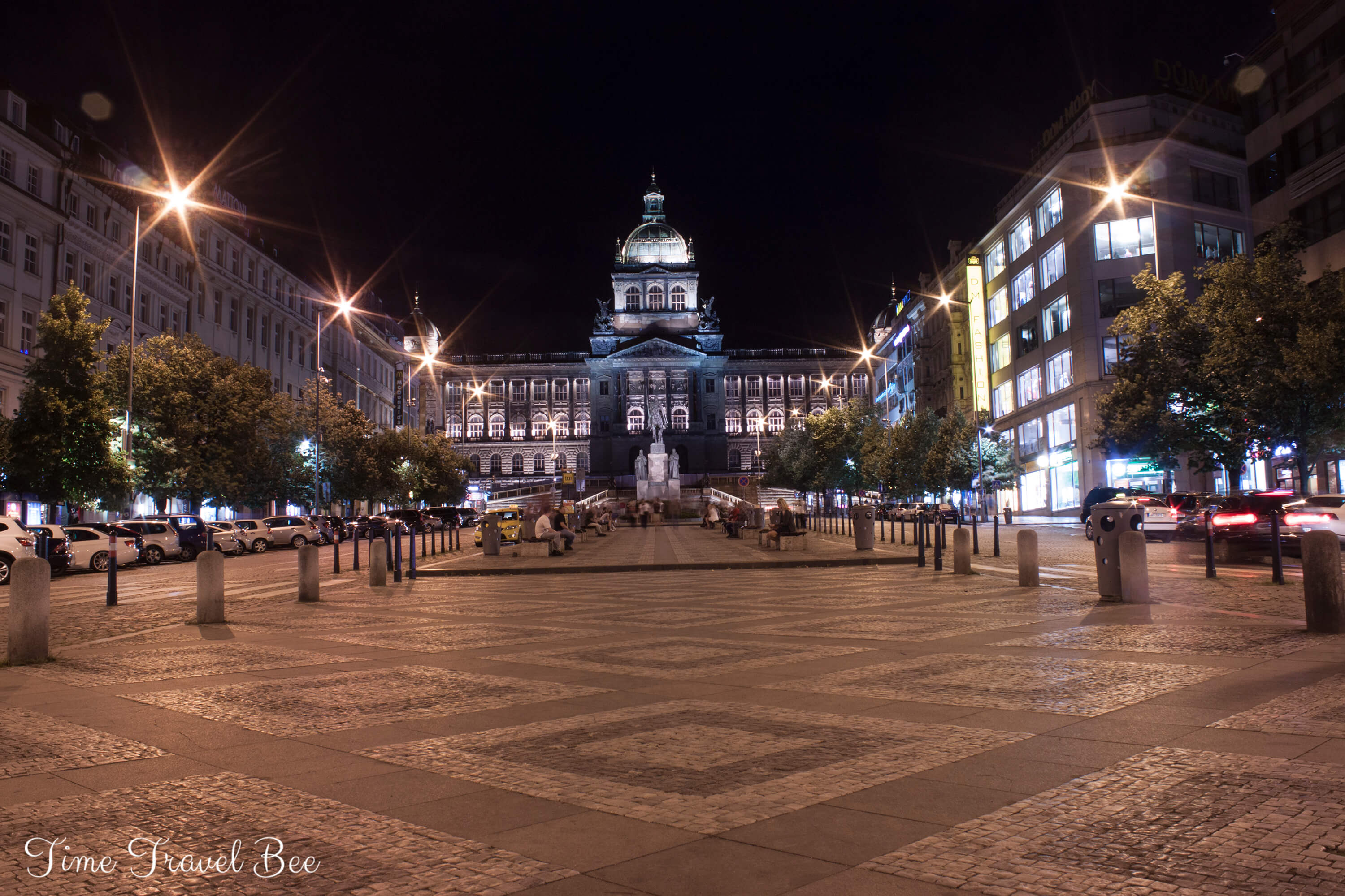 Prague by night on Vaclavske Namesti (Vancenslav square by night). Metro Museum in Prague, Statue Vaclaw on Vaclavske Namesti. Vaclaw on the horse stands on the main walking street of Prague. You can drink beer and go to the club.