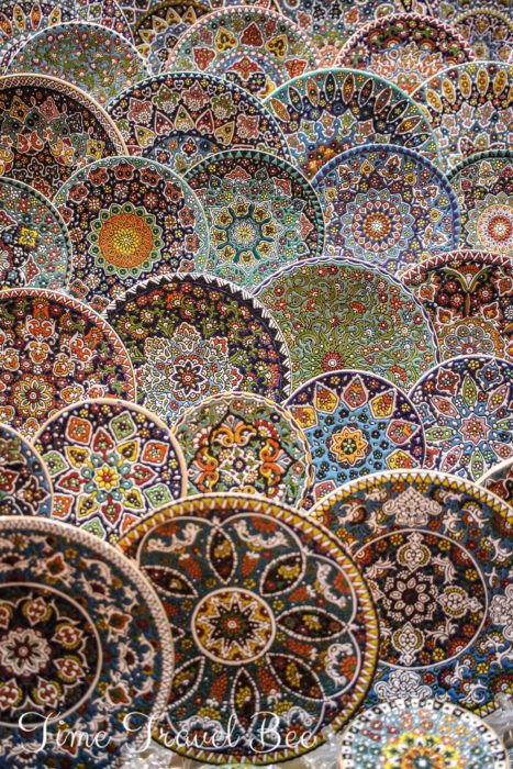 Colorful plates on the market in Dubai. Hand made pottery in Dubai