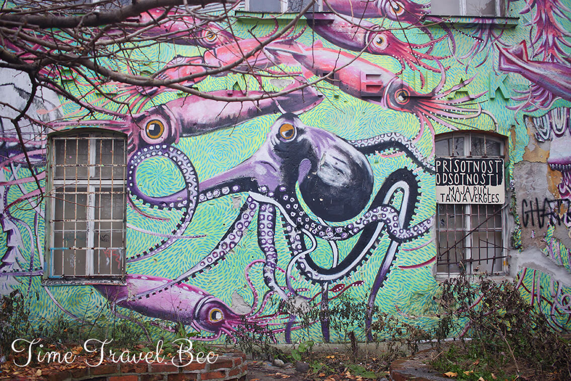 Street art in Metelkova district in Ljubljana, Slovenia. Big octopus mural with pink sea food on the green wall.