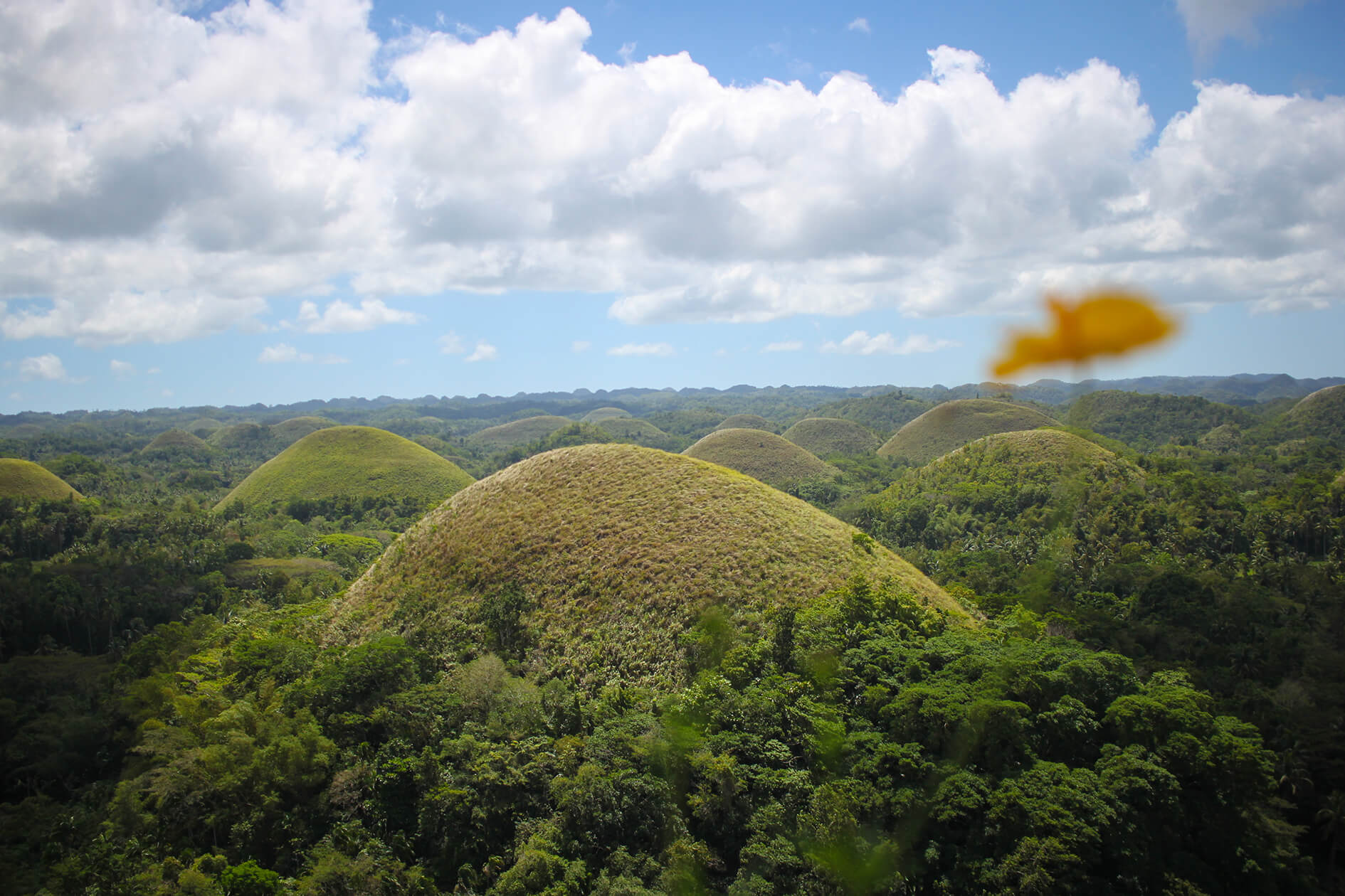 Stunning chocolate hills in Bohol with bue sky and white clouds.
