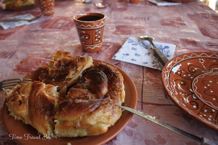 Tradtional food in Moldova, traditional bread and glasses.